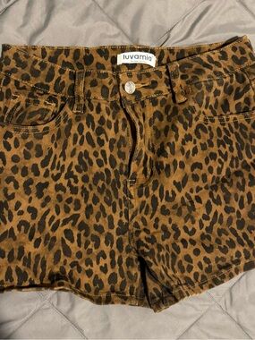 Luvamia Women's Leopard Print Brown Jean Shorts